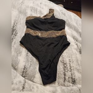 Black One-Shoulder Women's One-Piece Swimsuit with Gold Accent